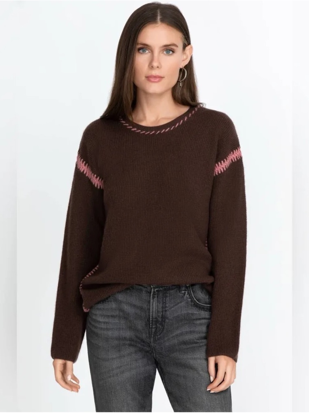 Johnny Was Daria whipstitch Cashmere Chocolate Brown Sweater with Pink Stitching